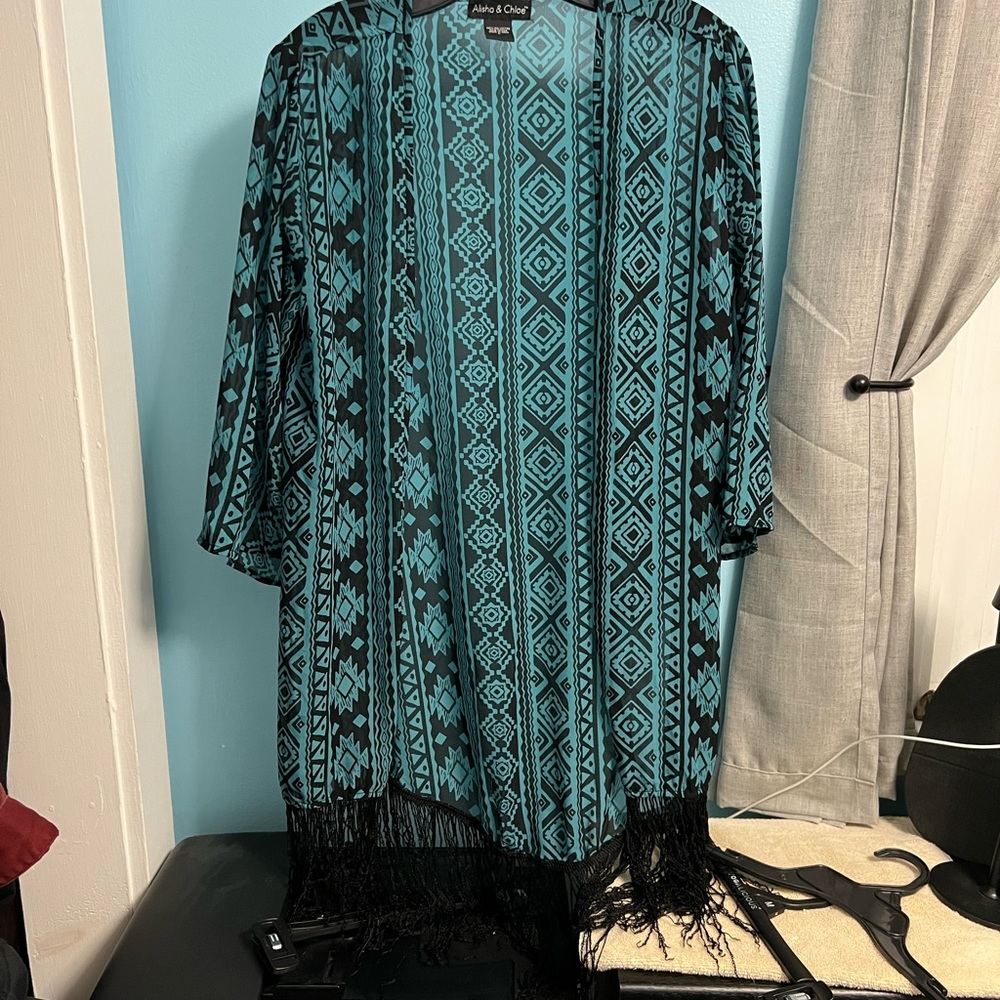 Alisha & Chloe Teal and Black Patterned Kimono